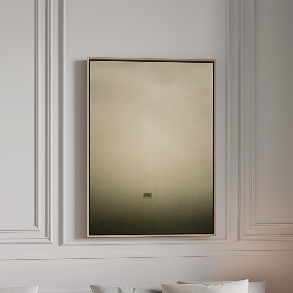 One wooden boat floating alone in thick fog above still water, canvas wall art