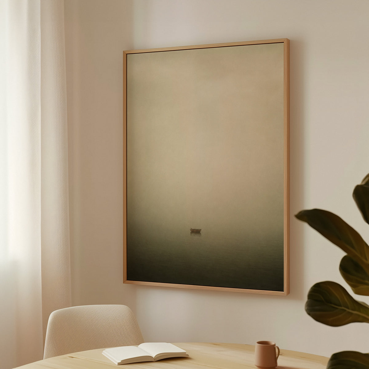 Neutral canvas wall art showing one wooden boat floating alone in thick fog above still water