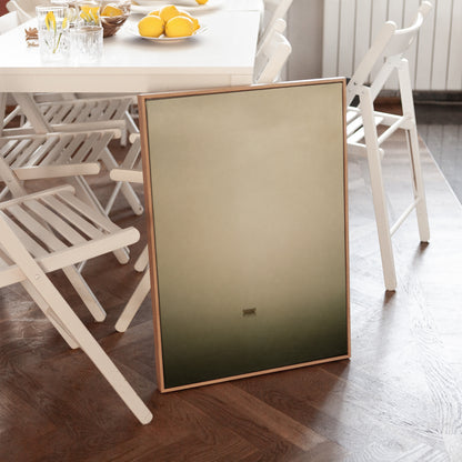 One wooden boat floating alone in thick fog above still water, wall art print