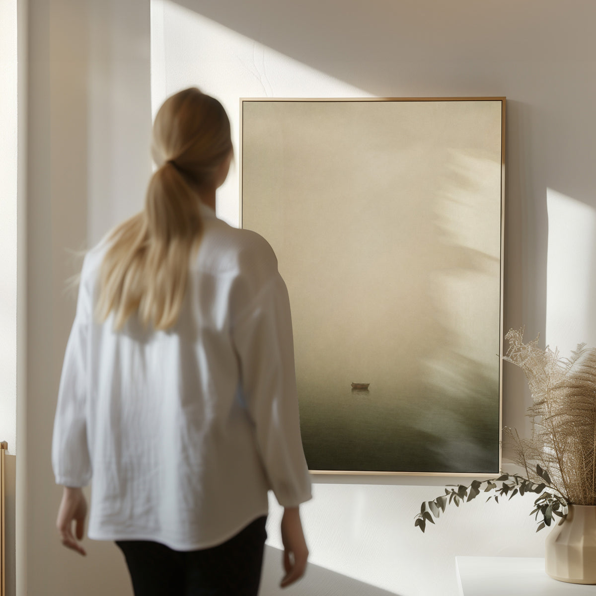 Wabi sabi canvas wall art showing one wooden boat floating alone in thick fog above still water