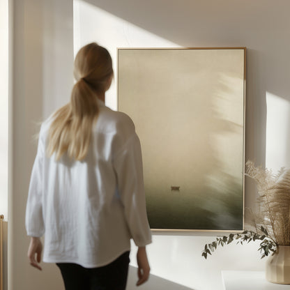 Wabi sabi canvas wall art showing one wooden boat floating alone in thick fog above still water