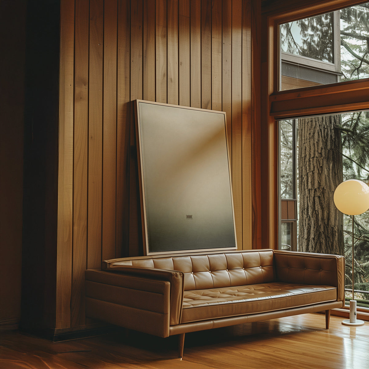 Zen canvas wall art showing one wooden boat floating alone in thick fog above still water