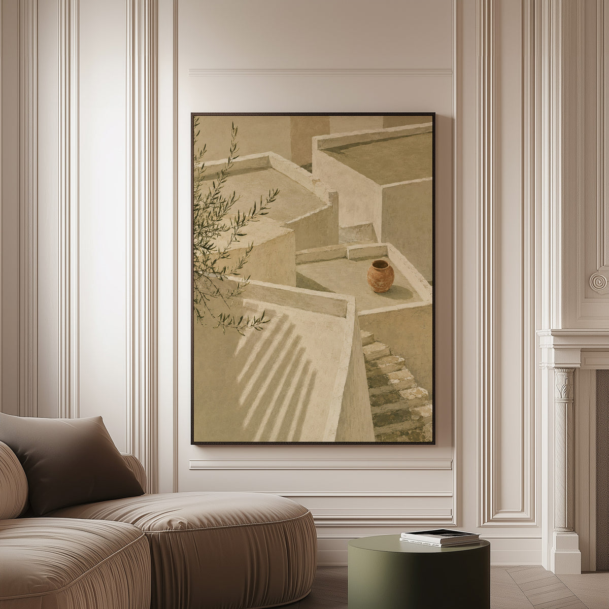 Terracotta canvas wall art showing lime-washed terraces and steps in sunlight with a terracotta jar and olive branch