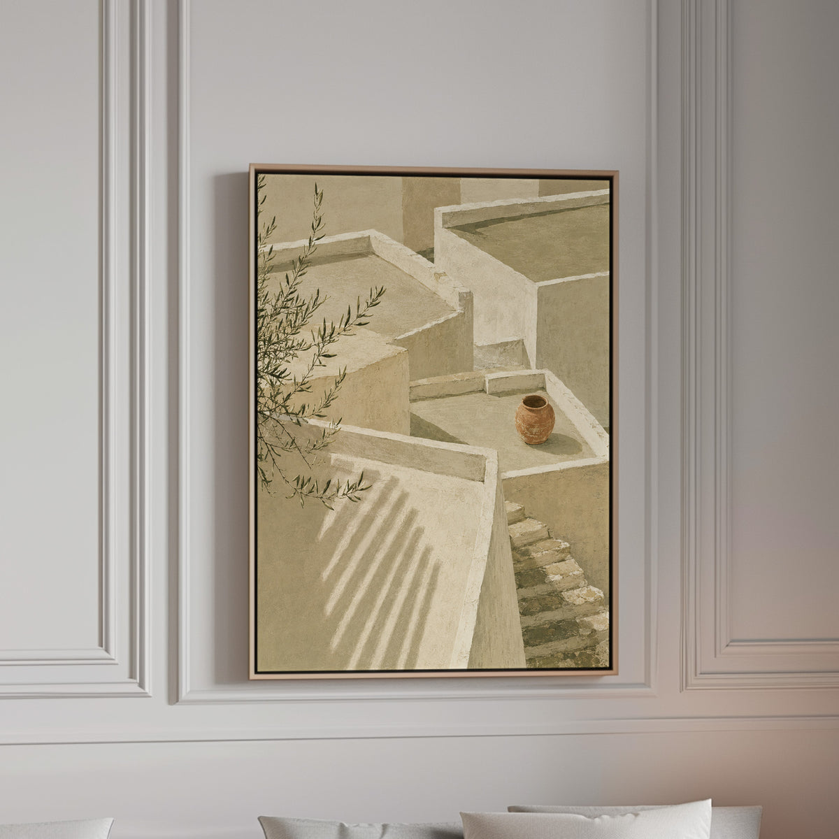Lime-washed terraces and steps in sunlight with a terracotta jar and olive branch, canvas wall art