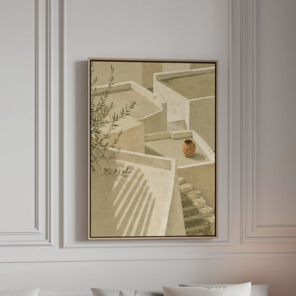 Lime-washed terraces and steps in sunlight with a terracotta jar and olive branch, canvas wall art