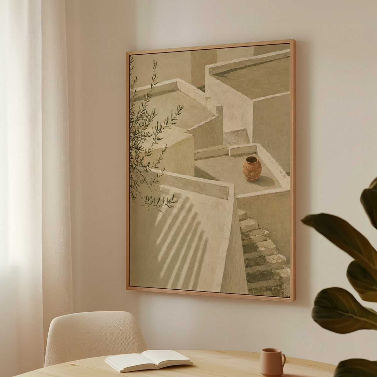 Lime-washed terraces and steps in sunlight with a terracotta jar and olive branch, canvas art print