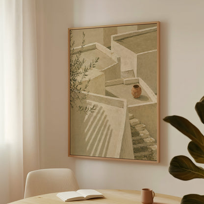 Lime-washed terraces and steps in sunlight with a terracotta jar and olive branch, canvas art print