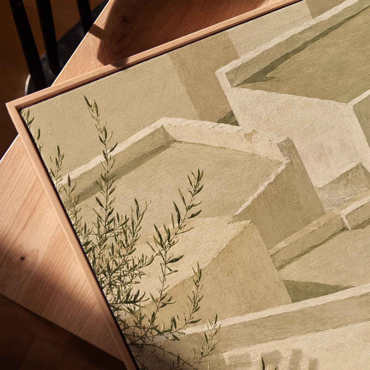 Lime-washed terraces and steps in sunlight with a terracotta jar and olive branch, vertical canvas print