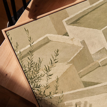 Lime-washed terraces and steps in sunlight with a terracotta jar and olive branch, vertical canvas print