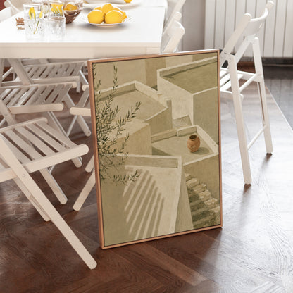 Stone steps canvas wall art showing lime-washed terraces and steps in sunlight with a terracotta jar and olive branch
