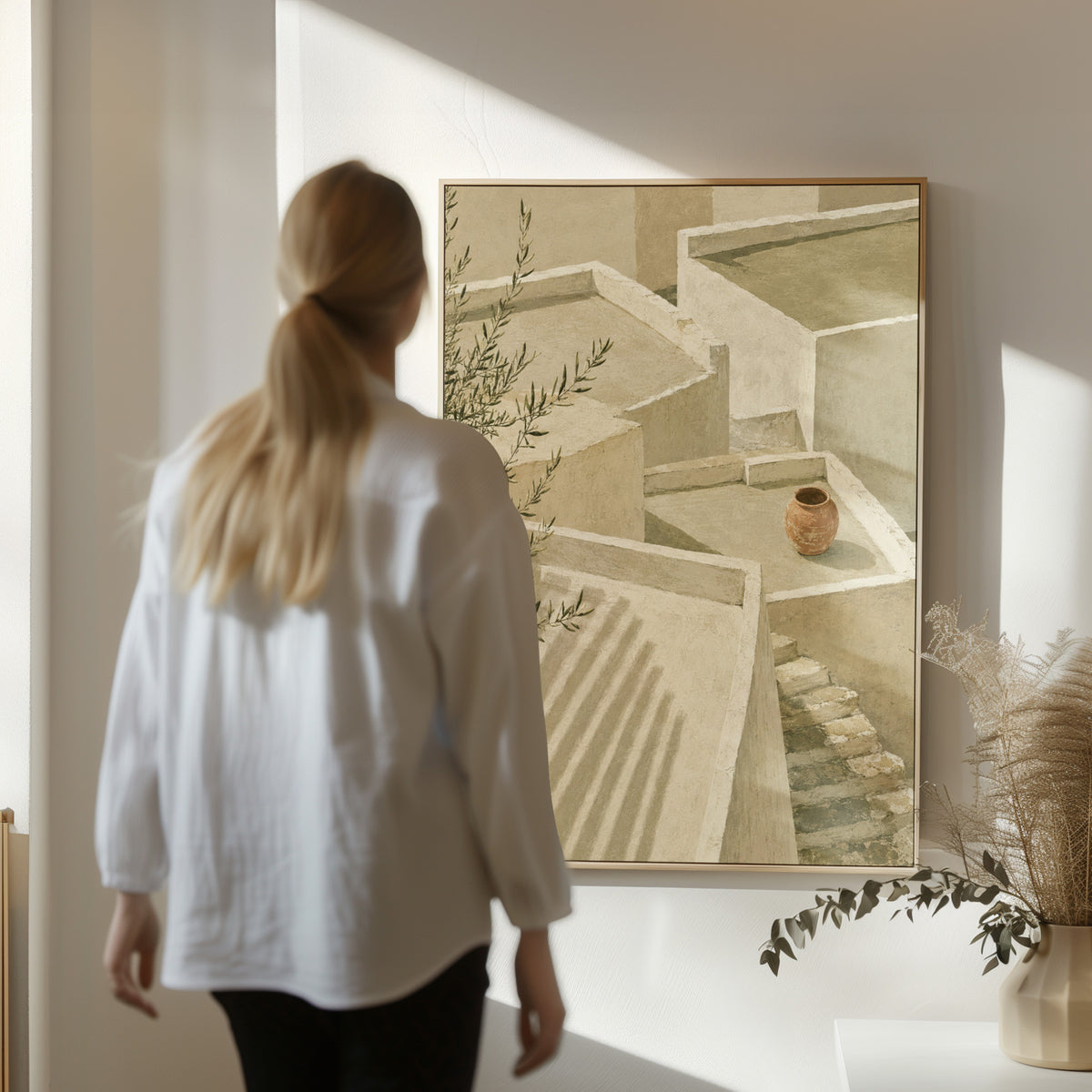Lime-washed terraces and steps in sunlight with a terracotta jar and olive branch, wall art print