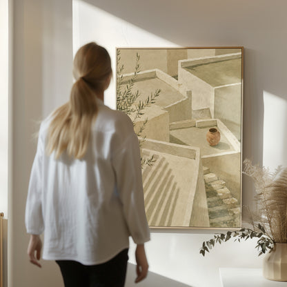 Lime-washed terraces and steps in sunlight with a terracotta jar and olive branch, wall art print