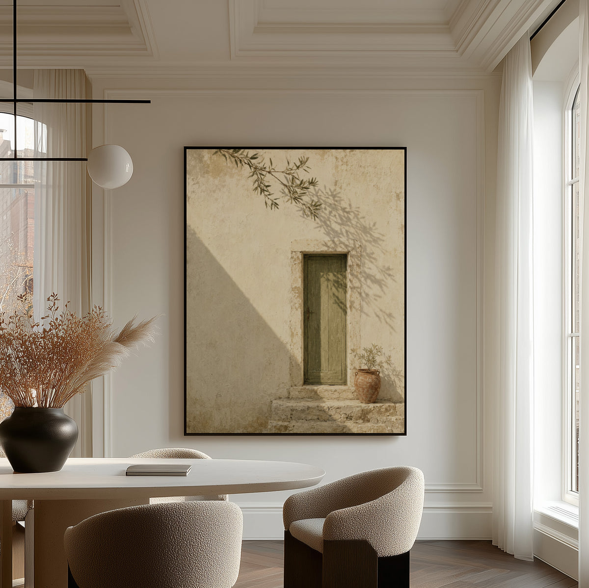 Weathered green door in a bone limestone wall with olive branch shadows, wall art print