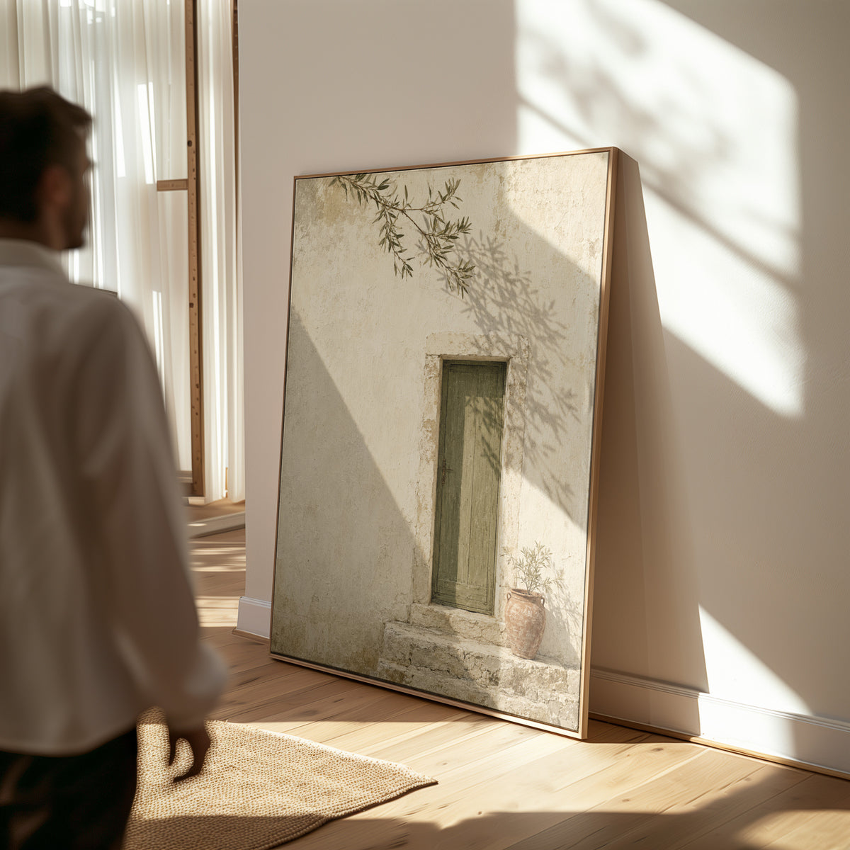 Italian canvas wall art showing weathered green door in a bone limestone wall with olive branch shadows