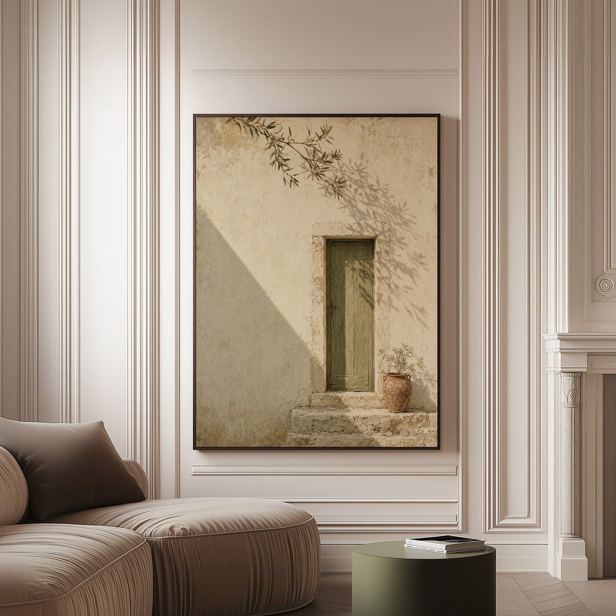 Olive branch canvas wall art showing weathered green door in a bone limestone wall with olive branch shadows