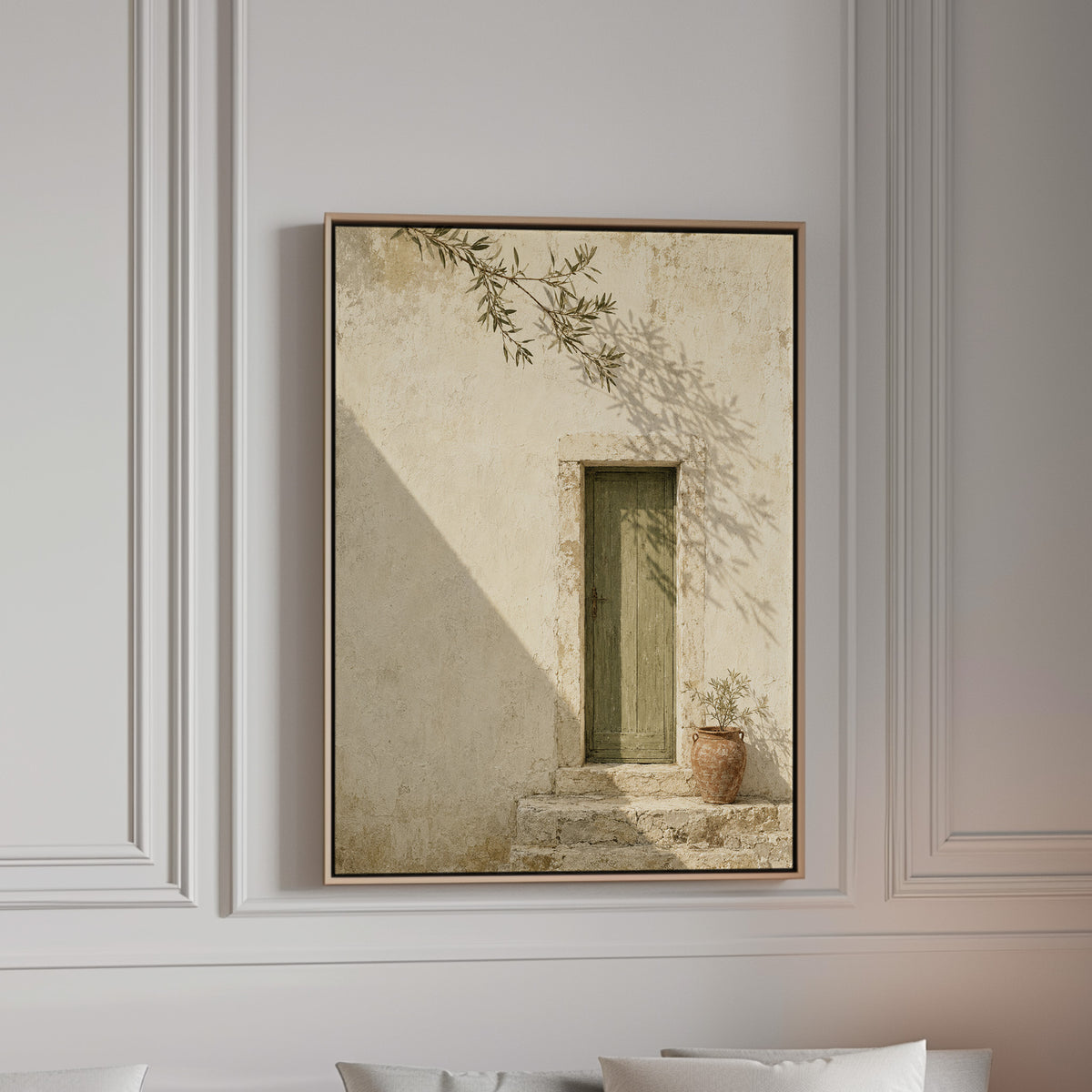Weathered green door in a bone limestone wall with olive branch shadows, canvas wall art