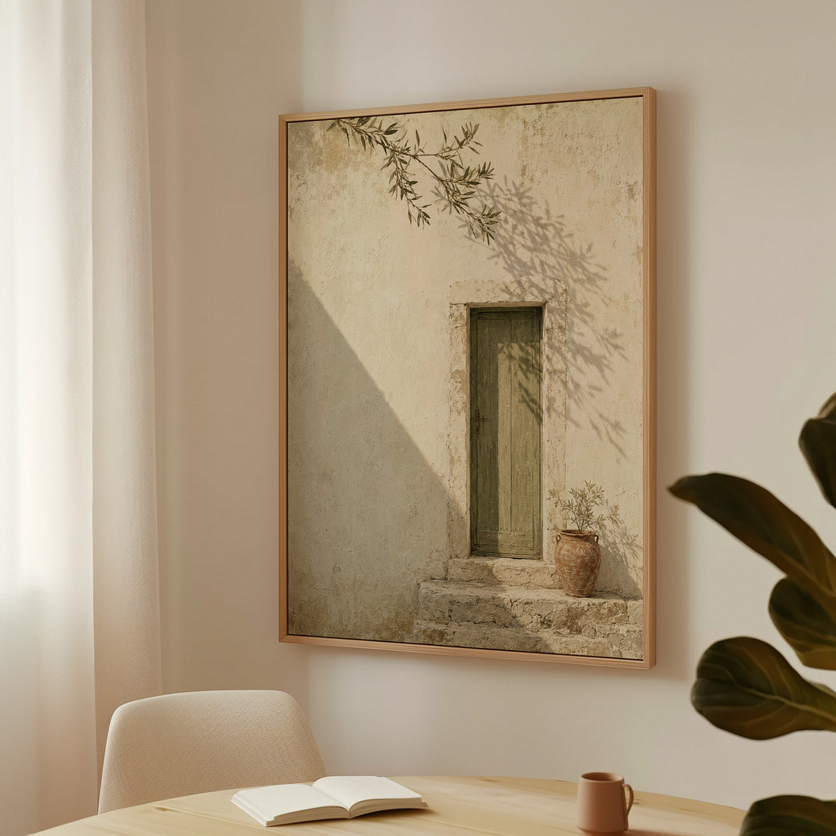 Mediterranean canvas wall art showing weathered green door in a bone limestone wall with olive branch shadows