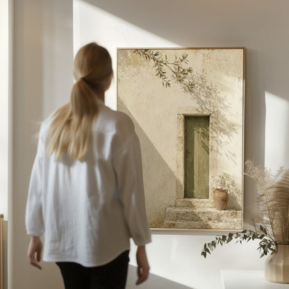 Beige canvas wall art showing weathered green door in a bone limestone wall with olive branch shadows