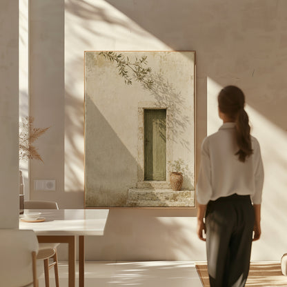 Weathered green door in a bone limestone wall with olive branch shadows, canvas art print