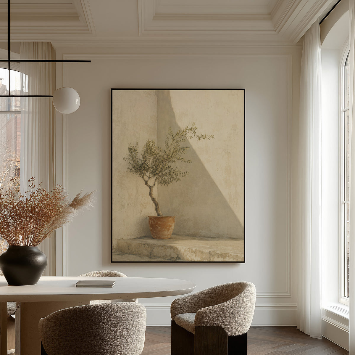 Olive tree canvas wall art showing small olive tree in a terracotta pot in a sunlit courtyard corner