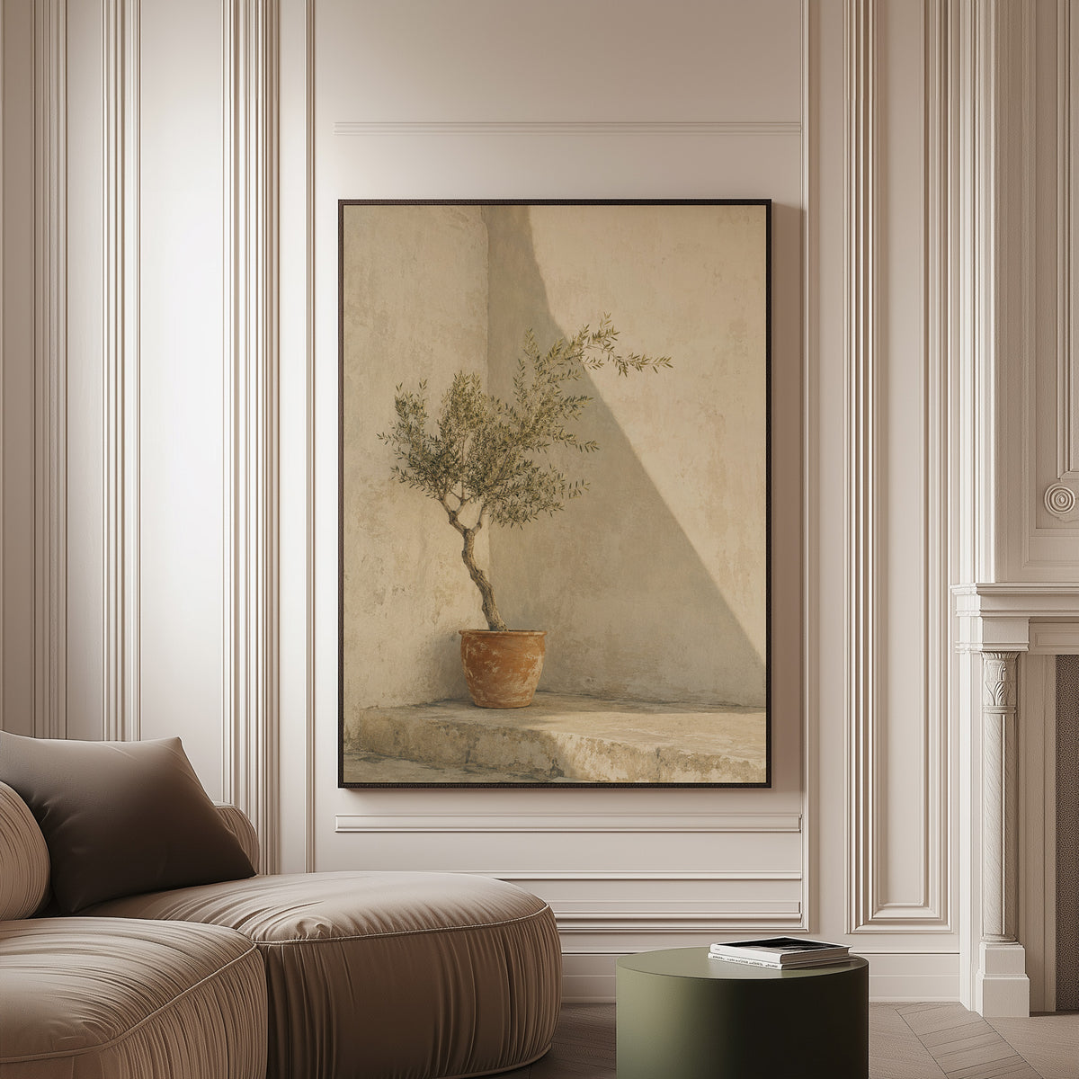 Potted olive canvas wall art showing small olive tree in a terracotta pot in a sunlit courtyard corner