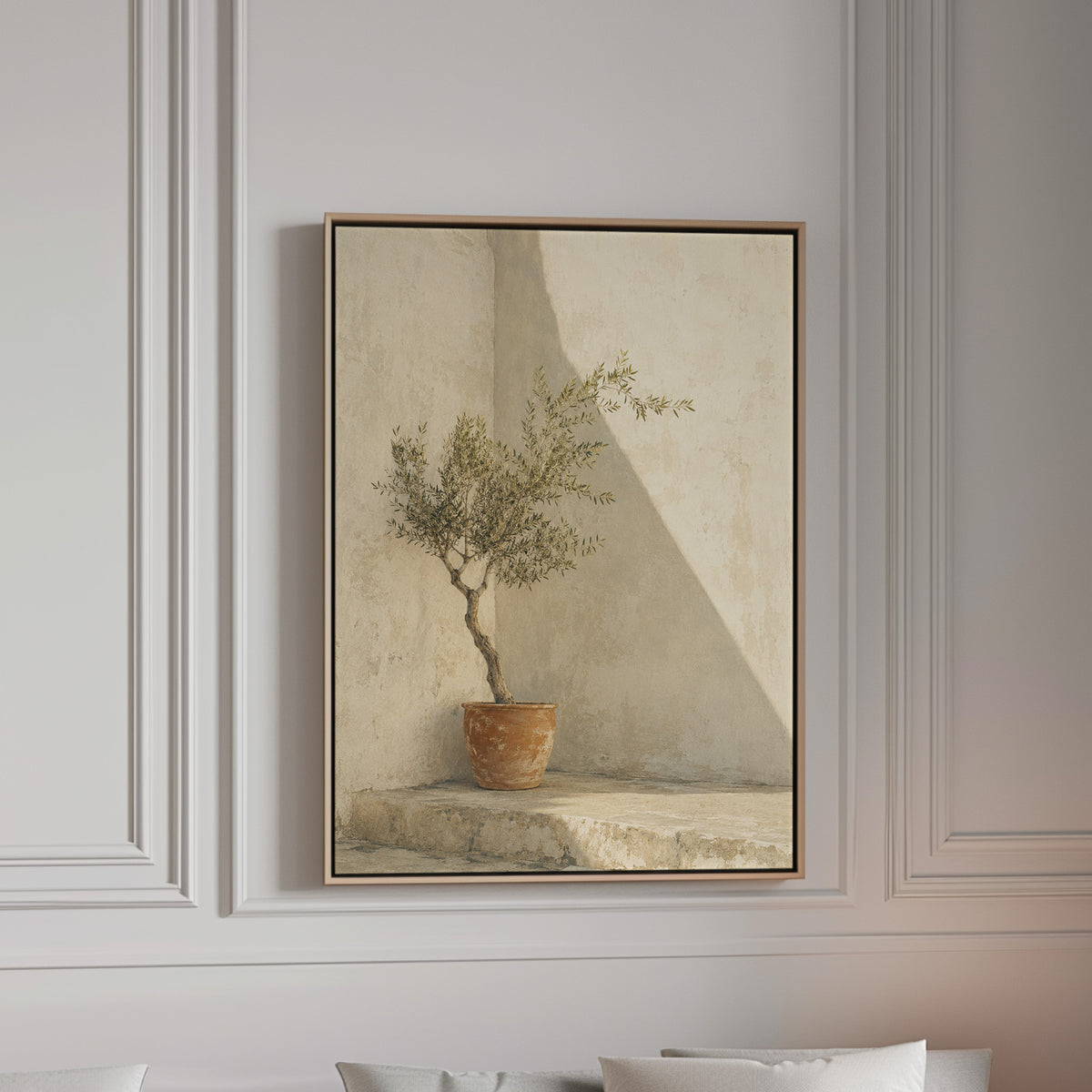 Small olive tree in a terracotta pot in a sunlit courtyard corner, canvas wall art