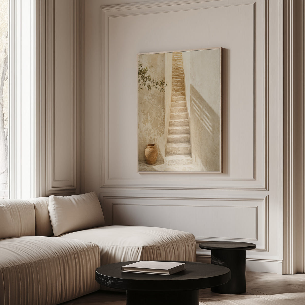 Sunlight canvas wall art showing narrow stone stairway between sunlit walls with a terracotta urn below