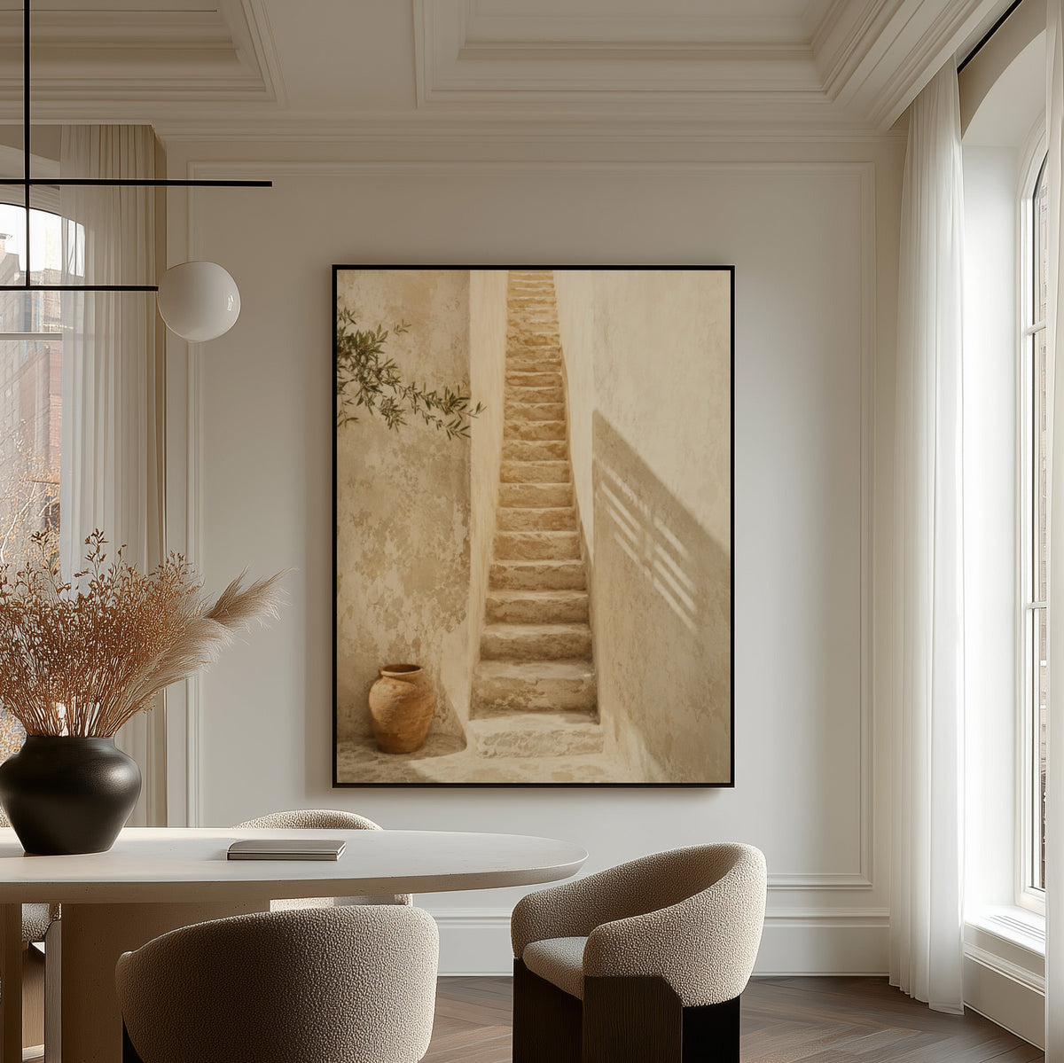 Mediterranean canvas wall art showing narrow stone stairway between sunlit walls with a terracotta urn below
