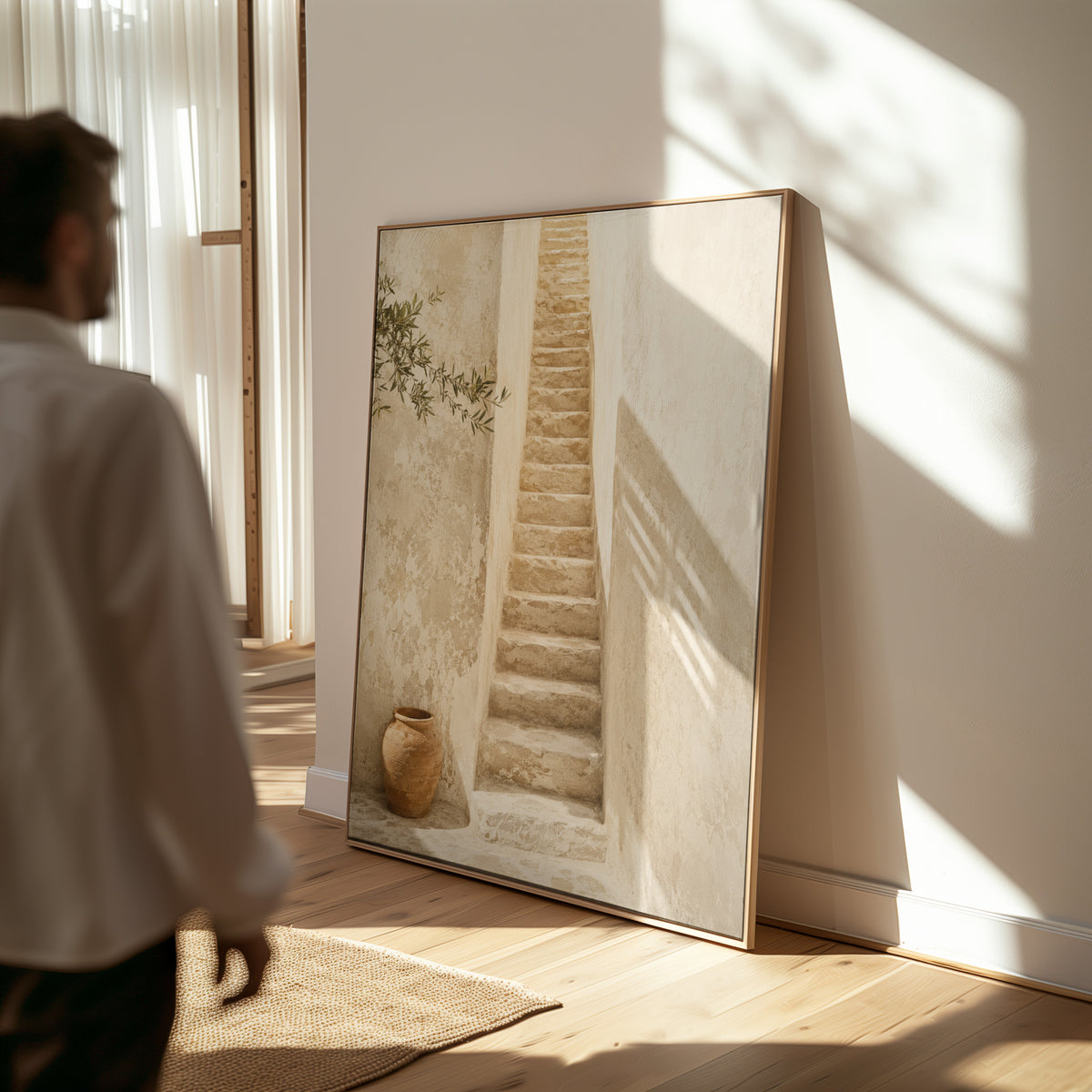 Narrow stone stairway between sunlit walls with a terracotta urn below, canvas print