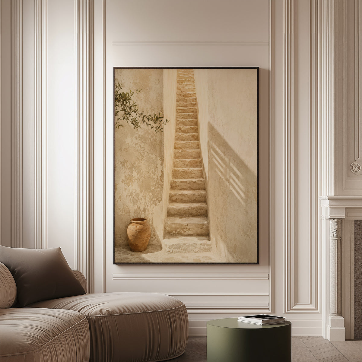 Summer canvas wall art showing narrow stone stairway between sunlit walls with a terracotta urn below