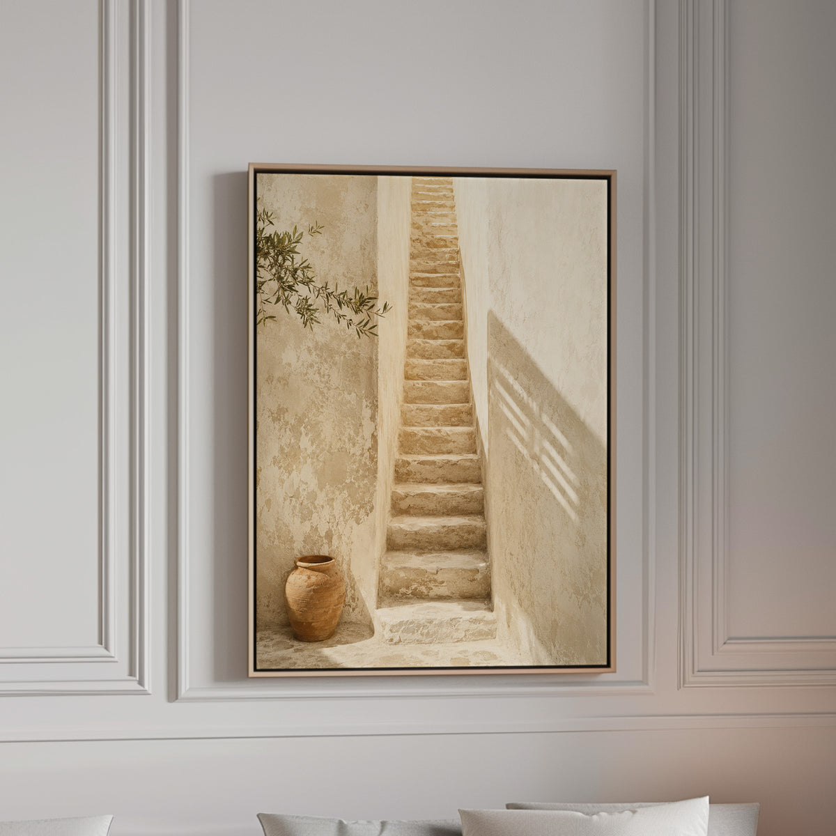 Narrow stone stairway between sunlit walls with a terracotta urn below, canvas wall art