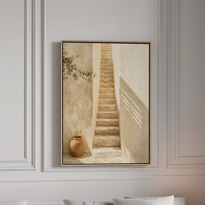 Narrow stone stairway between sunlit walls with a terracotta urn below, canvas wall art
