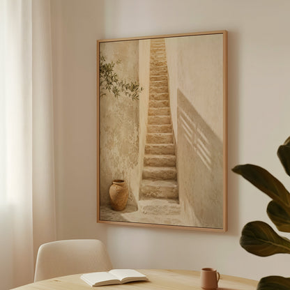 Stone stairs canvas wall art showing narrow stone stairway between sunlit walls with a terracotta urn below