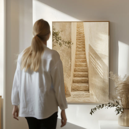 Narrow stone stairway between sunlit walls with a terracotta urn below, mediterranean vertical canvas print
