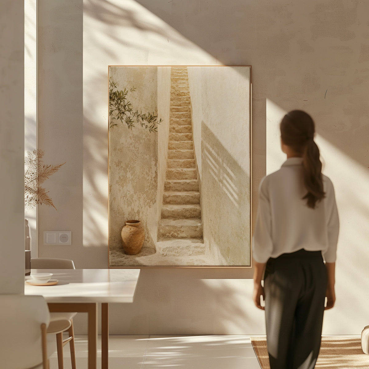 Italian canvas wall art showing narrow stone stairway between sunlit walls with a terracotta urn below
