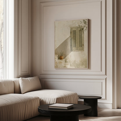 Olive branch canvas wall art showing sage green louvred shutters on a bone wall with an olive branch above