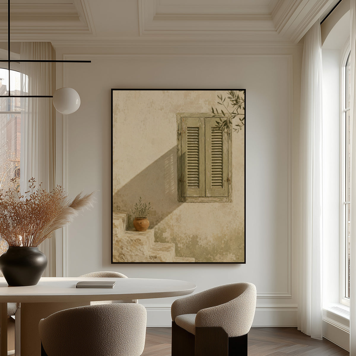 Mediterranean canvas wall art showing sage green louvred shutters on a bone wall with an olive branch above