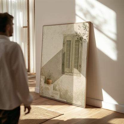 Beige canvas wall art showing sage green louvred shutters on a bone wall with an olive branch above