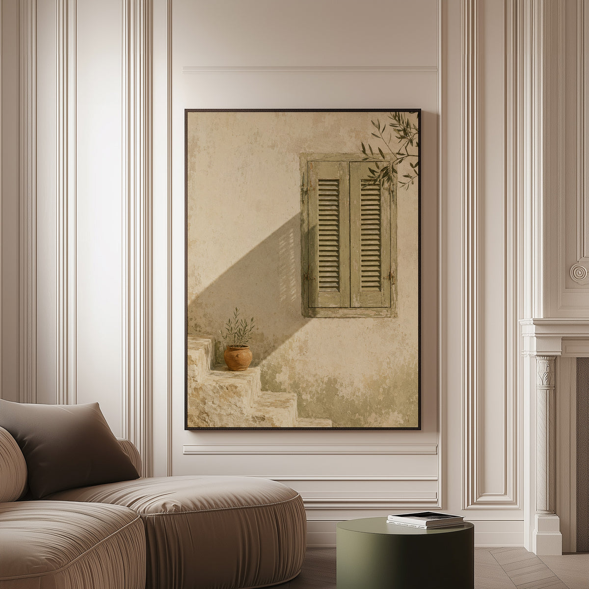 Window canvas wall art showing sage green louvred shutters on a bone wall with an olive branch above