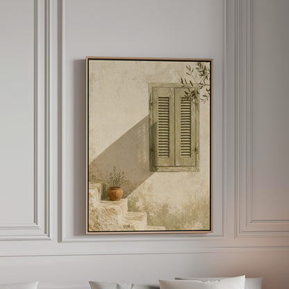 Sage green louvred shutters on a bone wall with an olive branch above, canvas wall art