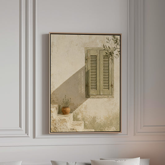 Sage green louvred shutters on a bone wall with an olive branch above, canvas wall art