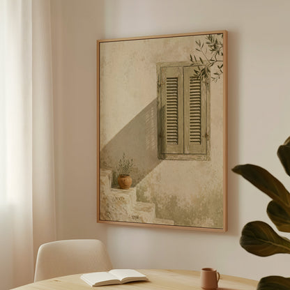 Italian canvas wall art showing sage green louvred shutters on a bone wall with an olive branch above
