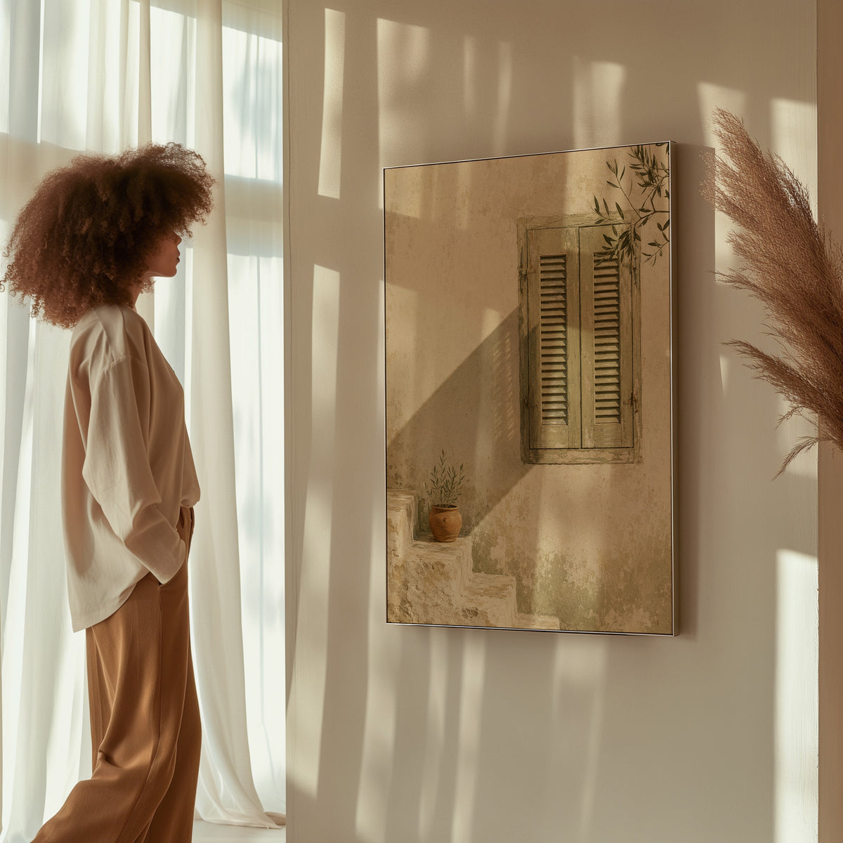 Neutral canvas wall art showing sage green louvred shutters on a bone wall with an olive branch above