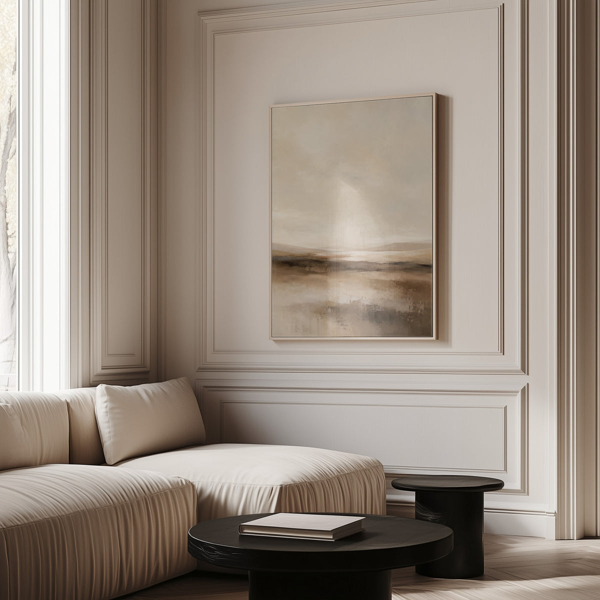 Abstract neutral landscape with a pale sky and layered bands of brown and cream, canvas art print