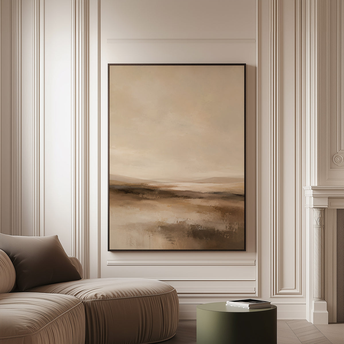 Abstract neutral landscape with a pale sky and layered bands of brown and cream, wall art print