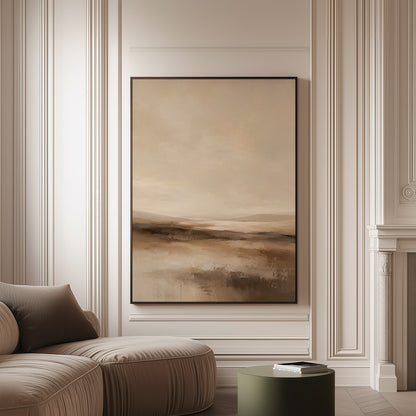 Abstract neutral landscape with a pale sky and layered bands of brown and cream, wall art print