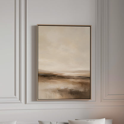 Abstract neutral landscape with a pale sky and layered bands of brown and cream, canvas wall art