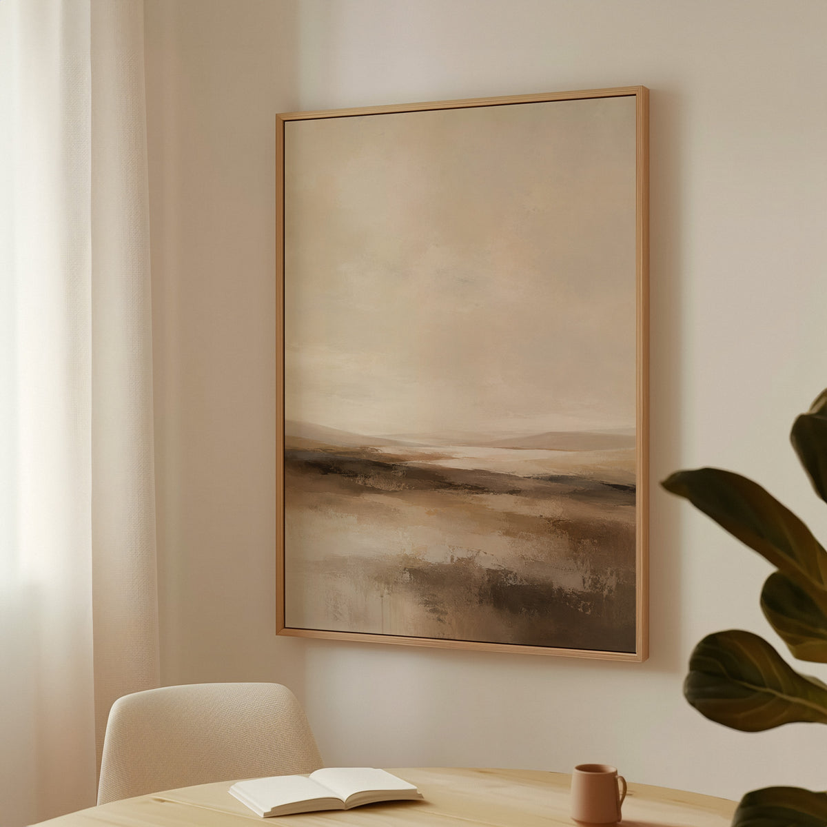 Earth tone canvas wall art showing abstract neutral landscape with a pale sky and layered bands of brown and cream