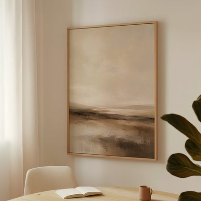 Earth tone canvas wall art showing abstract neutral landscape with a pale sky and layered bands of brown and cream