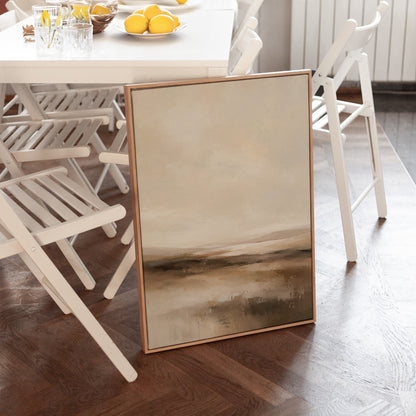 Abstract neutral landscape with a pale sky and layered bands of brown and cream, canvas print